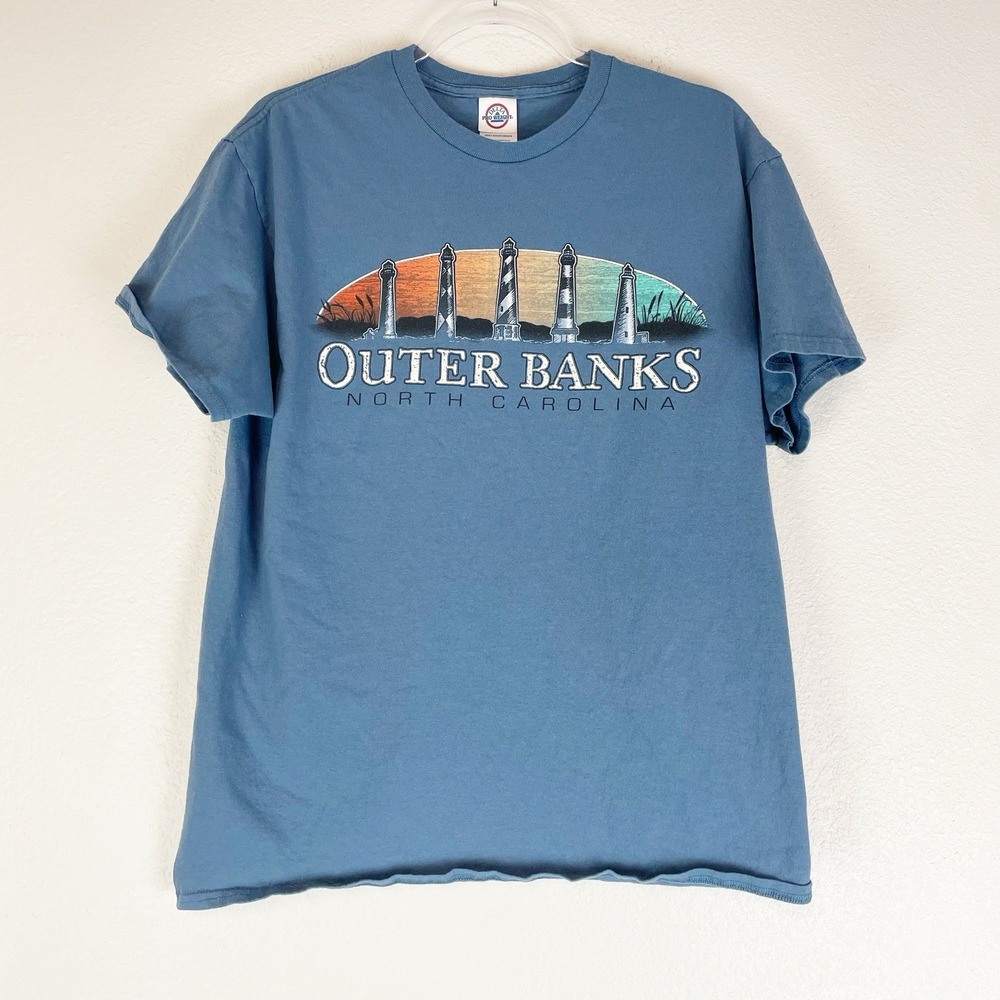 Outerbanks NC Lighthouse Graphic Print T-shirt Adult Large Granola‎ Girl Blue L